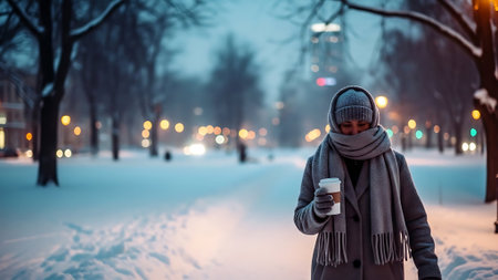 Young woman drinking coffee in winter city street at night. Woman in warm clothes with a cup of coffee.の素材