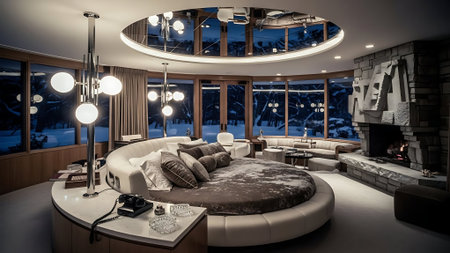 Interior of a living room with a view of the mountains.の素材