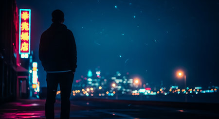 Man looking at night city street lights. Mixed media. Mixed mediaの素材