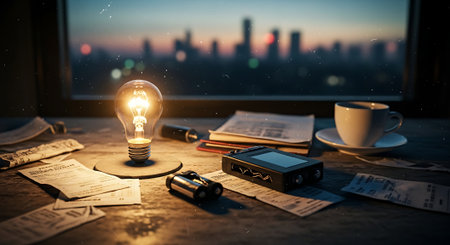 Conceptual image of light bulb on the table with documents and gadgetsの素材