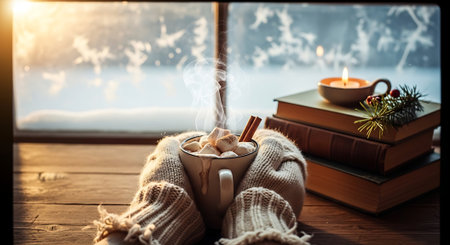Cup of hot chocolate with marshmallows, scarf and books on the windowsill. Cozy winter evening.の素材