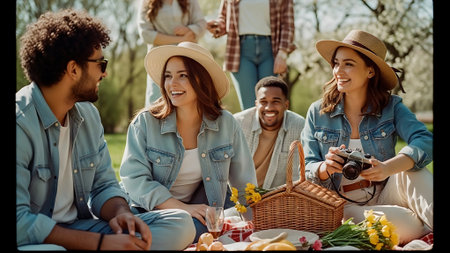 Group of young friends having picnic in the park. They are looking at camera and smilingの素材