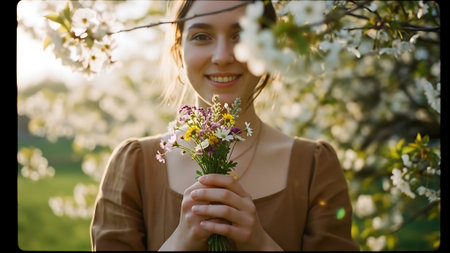 Beautiful girl in spring blooming garden. Young woman with bouquet of flowersの素材