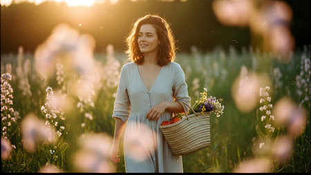 Young beautiful woman with basket of flowers in the field at sunset.の素材