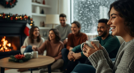 Happy young couple with cup of hot drink sitting on sofa at homeの素材