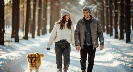Couple in love walking with a dog in the winter forest.の素材