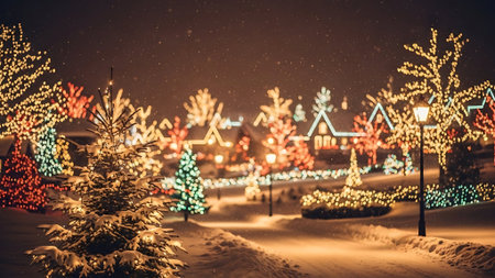 Christmas and New Year holidays background. Christmas trees in the snow at night.の素材