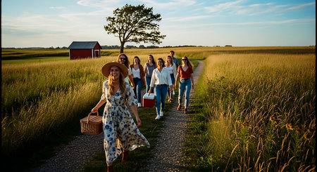 Group of friends walking in a wheat field. Young people having fun outdoors.の素材