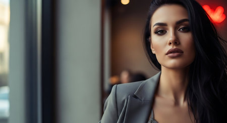 beautiful woman in suit looking at camera in cafe, closeupの素材