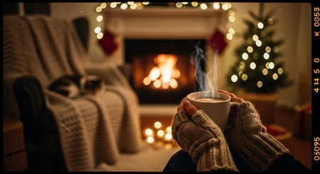 Woman holding cup of hot drink in front of fireplace at christmas timeの素材