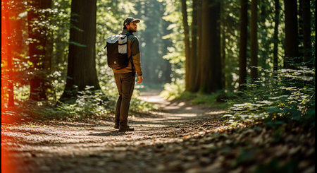 Man with backpack walking on path in forest. Hiking concept.の素材