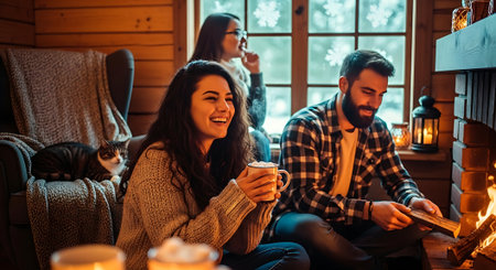 Happy young couple sitting in front of fireplace at home. They are drinking coffee and smilingの素材