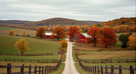 Autumn landscape with red barn and fence in Vermont, USA.の素材