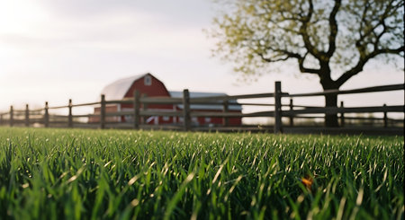 A closeup shot of a red barn in the middle of a fieldの素材