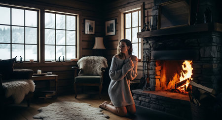Beautiful young woman in a bathrobe by the fireplace at homeの素材