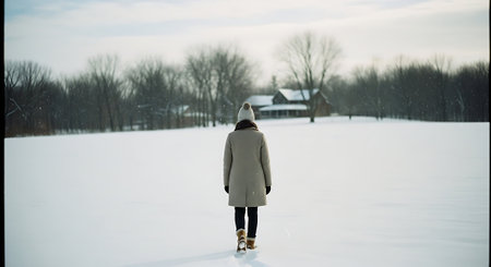 A girl in a warm coat is skating on a frozen lake.の素材