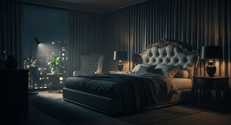 Bedroom interior. 3d illustration. Night. Bedroom.の素材