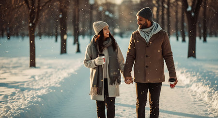 Couple in love walking in winter park and drinking coffee. Man and woman in warm clothes.の素材