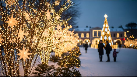 Blurred background of people walking on the street decorated for Christmas.の素材