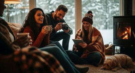 Group of friends sitting on the floor in front of fireplace and drinking hot teaの素材