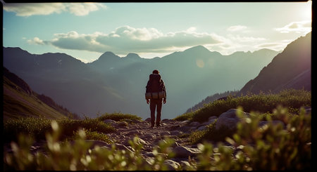 Hiker on top of a mountain at sunset. Man looking at the mountainsの素材