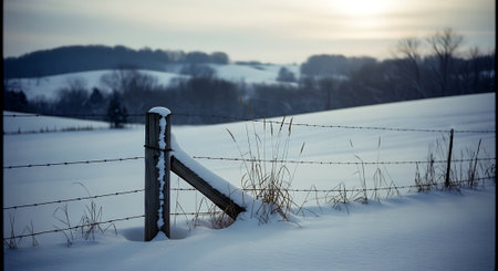 Winter landscape with a fence in the foreground and a field in the backgroundの素材