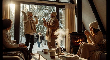 Happy family in winter clothes sitting on the windowsill and drinking teaの素材