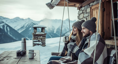 Couple sitting on the porch of a mountain hut and drinking coffeeの素材