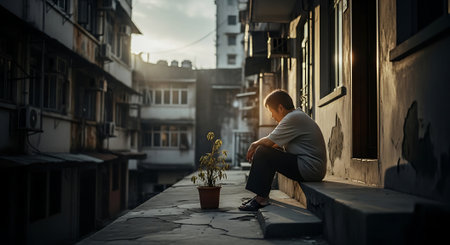 Sad man sitting on the street and looking at the city view.の素材