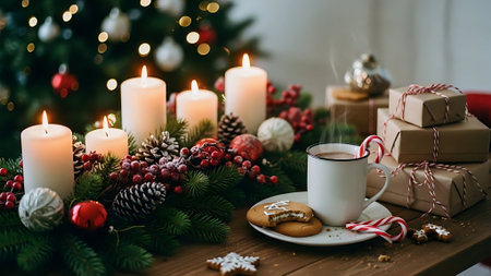 Cup of hot cocoa with marshmallow, gingerbread cookies and christmas tree on backgroundの素材