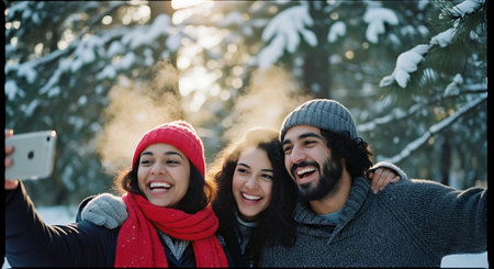 Group of friends taking a selfie in the winter forest. They are laughing and having fun.の素材