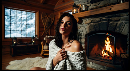 Beautiful young woman in a knitted sweater sits by the fireplace.の素材