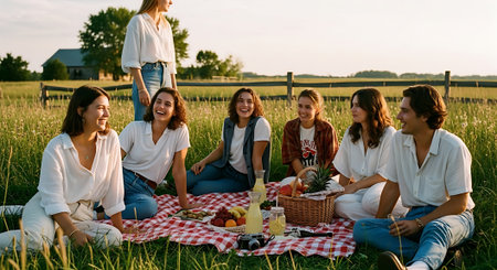 Group of friends having a picnic on a meadow in the countrysideの素材