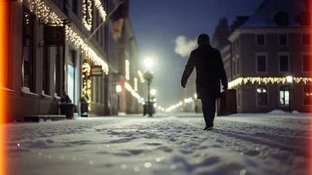 Man with a suitcase walking on the street at night in the winterの素材