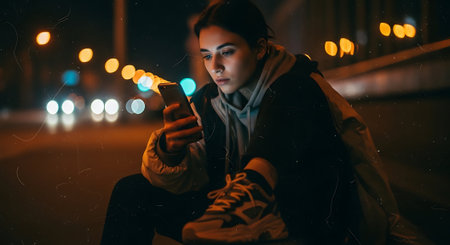 Young woman sitting on the street at night and using mobile phone.の素材
