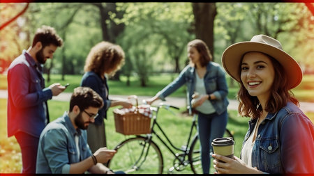 happy young woman with cup of coffee and bicycle in park at summerの素材