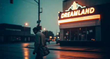 Young African American man in the city at night with a neon sign.の素材