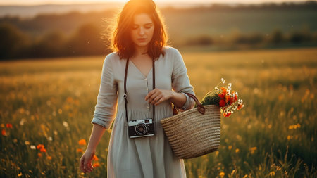 Beautiful young woman with a basket of flowers in the field at sunsetの素材