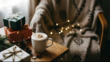 Cup of cappuccino and christmas gifts on wooden tableの素材