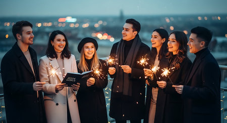 Group of young business people holding sparklers and reading a book.の素材