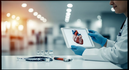Close-up of doctor using digital tablet with heart in medical laboratoryの素材