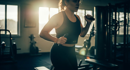 Portrait of a young woman exercising in a gym. Side view.の素材