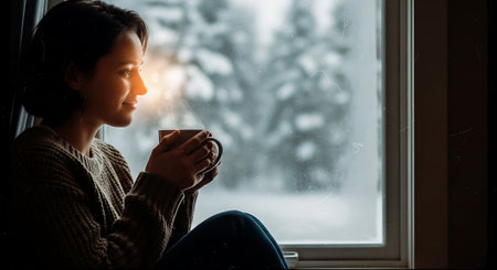 Young woman sitting on the windowsill in winter and drinking coffee.の素材