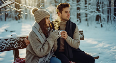 Beautiful young couple is sitting on a bench in the winter forest and drinking tea.の素材