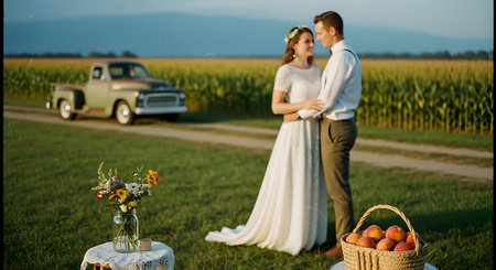 Bride and groom on the background of a retro car in the field.の素材
