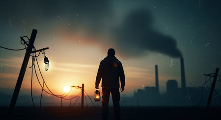 Silhouette of a man in front of a smoking chimneyの素材