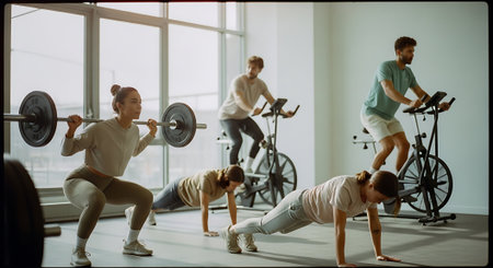 Group of people exercising with dumbbells in gym. They are looking at camera and smilingの素材