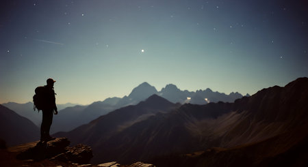 Silhouette of a hiker with a backpack standing on the edge of a cliff and looking at the starry skyの素材