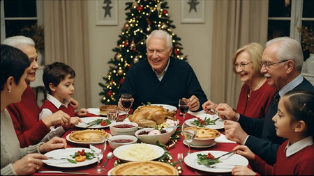 Happy family having christmas dinner at home. Cheerful grandparents and their grandchildren eating and drinking red wineの素材