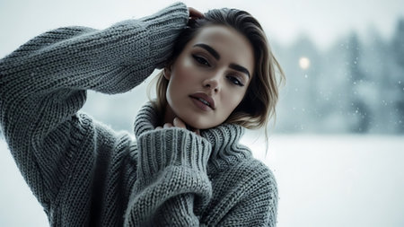 Portrait of a beautiful girl in a sweater on a background of a snowy winter landscapeの素材